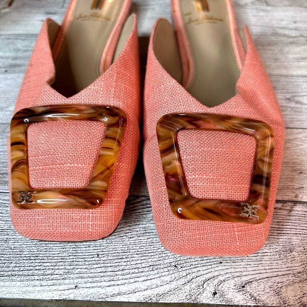 Sam Edelman Aris Mules Size 6 Coral Pink Raffia Tortoise Buckle Square Toe Flats - Picture 6 of 11